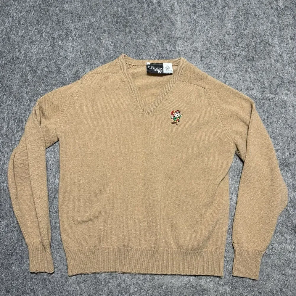 Vintage 80s 90s Made in U.K. Keebler Elf Pure Wool V Neck Sweater Tan Promo XL